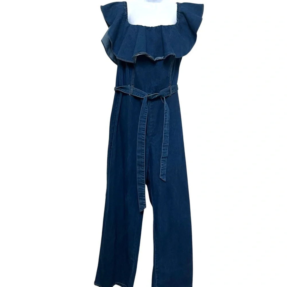 Denim Wide Leg Ruffle Neckline Jumpsuit Size 3XL